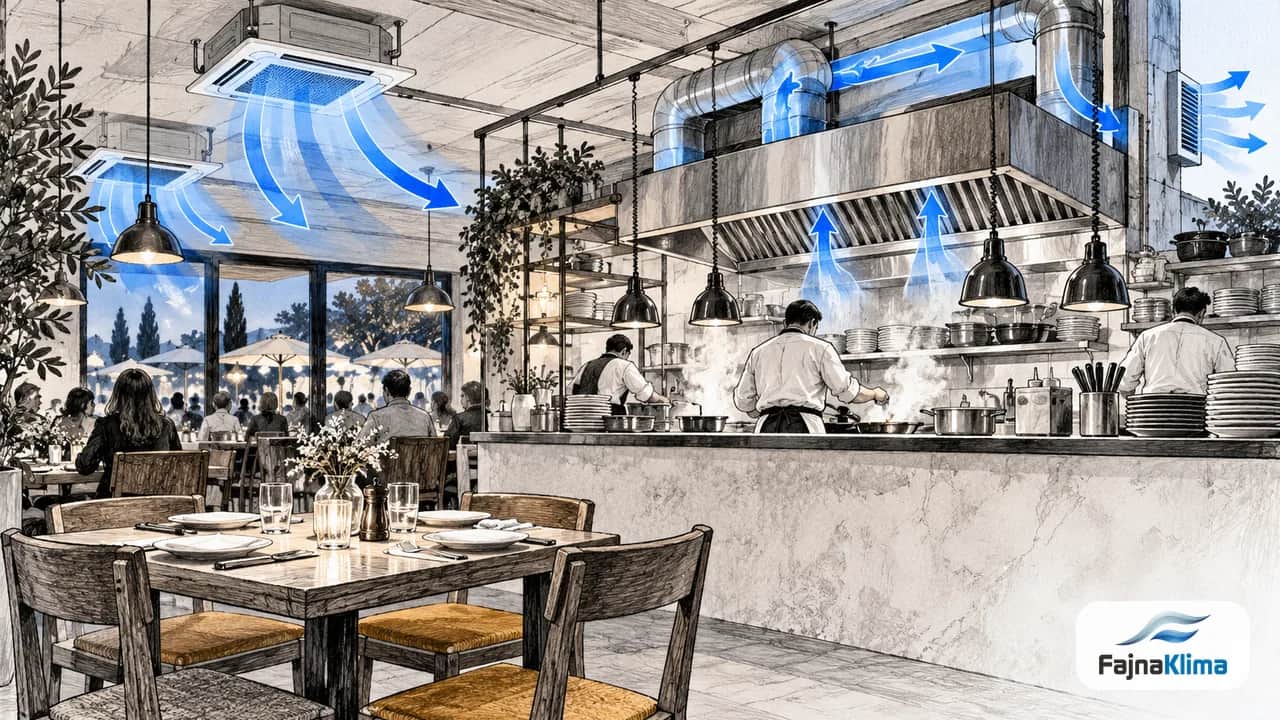 Restauracyjna kuchnia i sala z oddzielonymi strefami nawiewu.