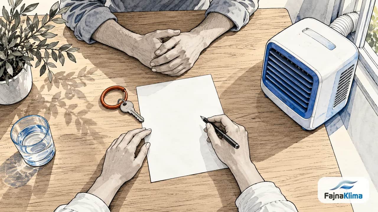 Dwie pary dłoni, klucz i przenośny klimatyzator podczas rozmowy o wynajmie.